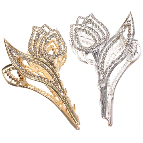 Заколка - краб для волос со стразами на блистере ДЕ Палма, тюльпан, цвет золото и серебро, 1255см (пакет с подвесом)_7