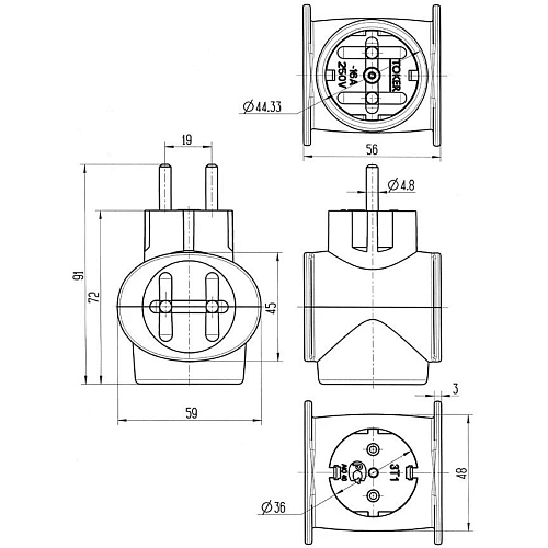 Тройник Toker 3T1 16A сз, белый_5