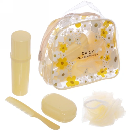 Набор банный дорожный 4шт "Traveler - Ромашки", микс 3 цв., (мочалка, футляр 2шт, расческа), 20*15,5*8,5