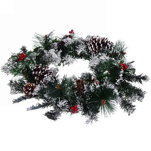 Венок новогодний ПВХ, леска, с шишками, ягодами, напыление, d-40см_4