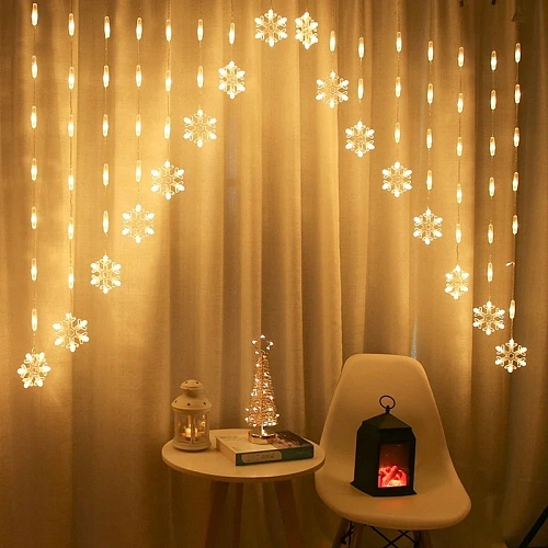 Гирлянда для дома БАХРОМА 2,5м10,1м 136 ламп LED, с насадками Снежинка, IP-20, Теплый белый (возможность соединения)_2